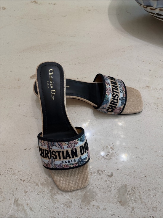 Dior Shoes - Dior Beige Floral Logo Slide Mules with Black Insole